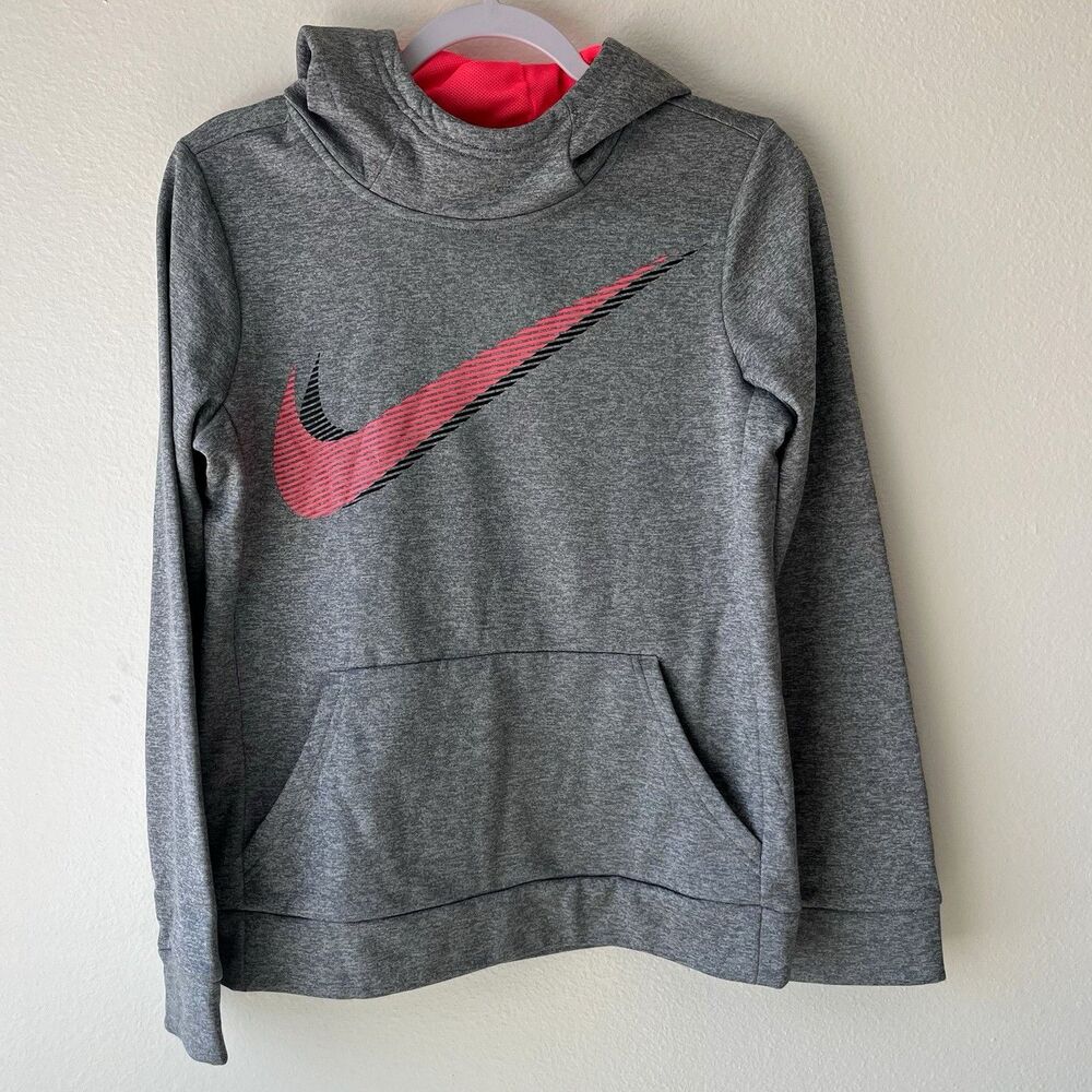 Nike Dri-FIT Kids XL Gray Pullover Hoodie Fleece w/ Pink Swoosh, Pockets